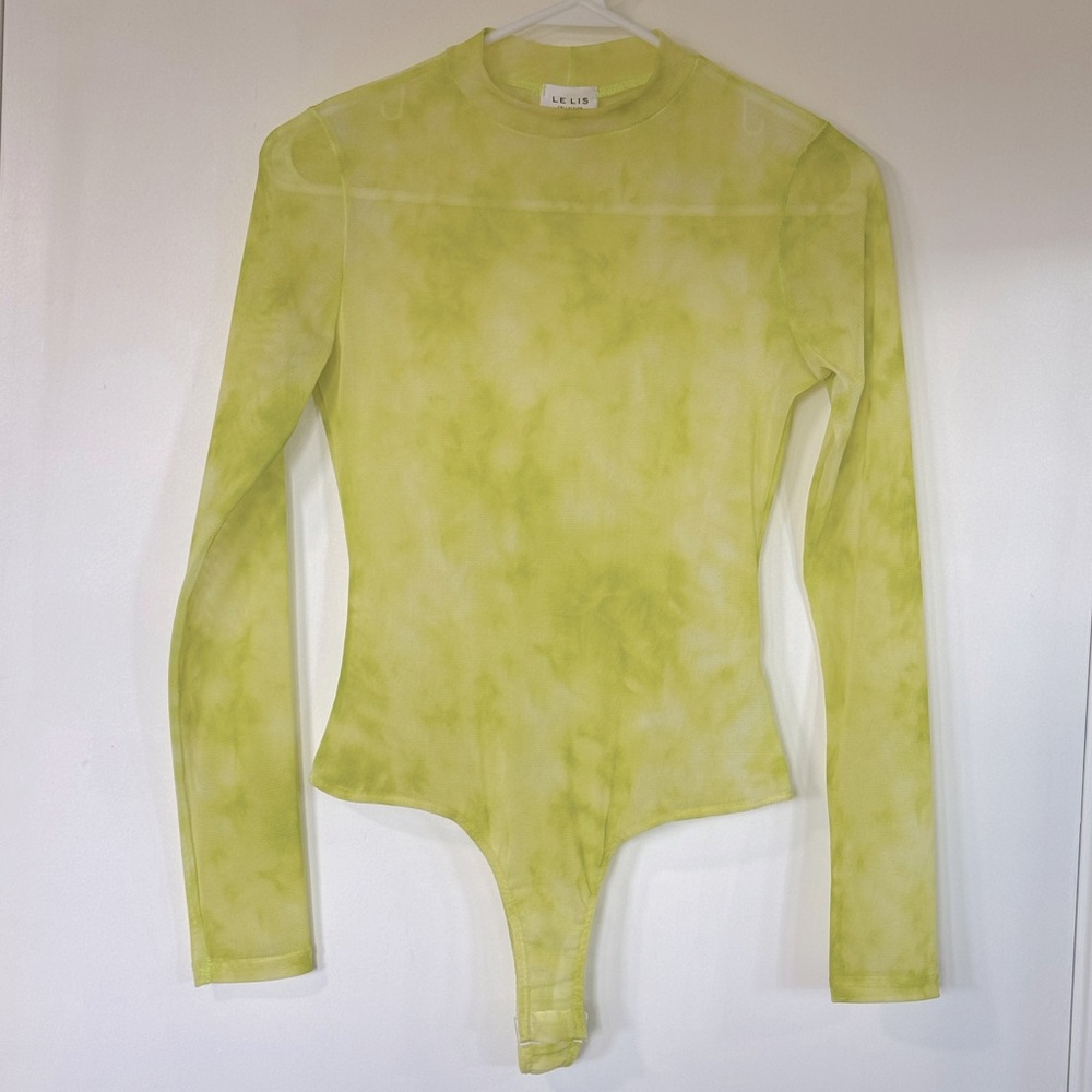 NWOT- Lelis Collection Neon Green Sheer Mesh Long Sleeve Mock Neck Bodysuit